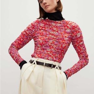 Róhe Stella Ruched Floral Blouse Pink Red Long Sleeve Top